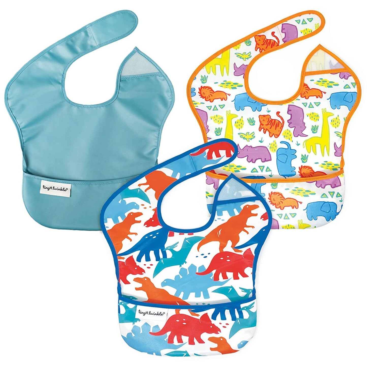 Tiny Twinkle Mess-Proof Baby Bib - Waterproof Bib for Baby Boy or Girl - Machine Washable - Adjustable Closure - PVC, BPA, & Phthalate Free - Great for Travel - Baby Food Bibs (3 Pack, Slate Olive)