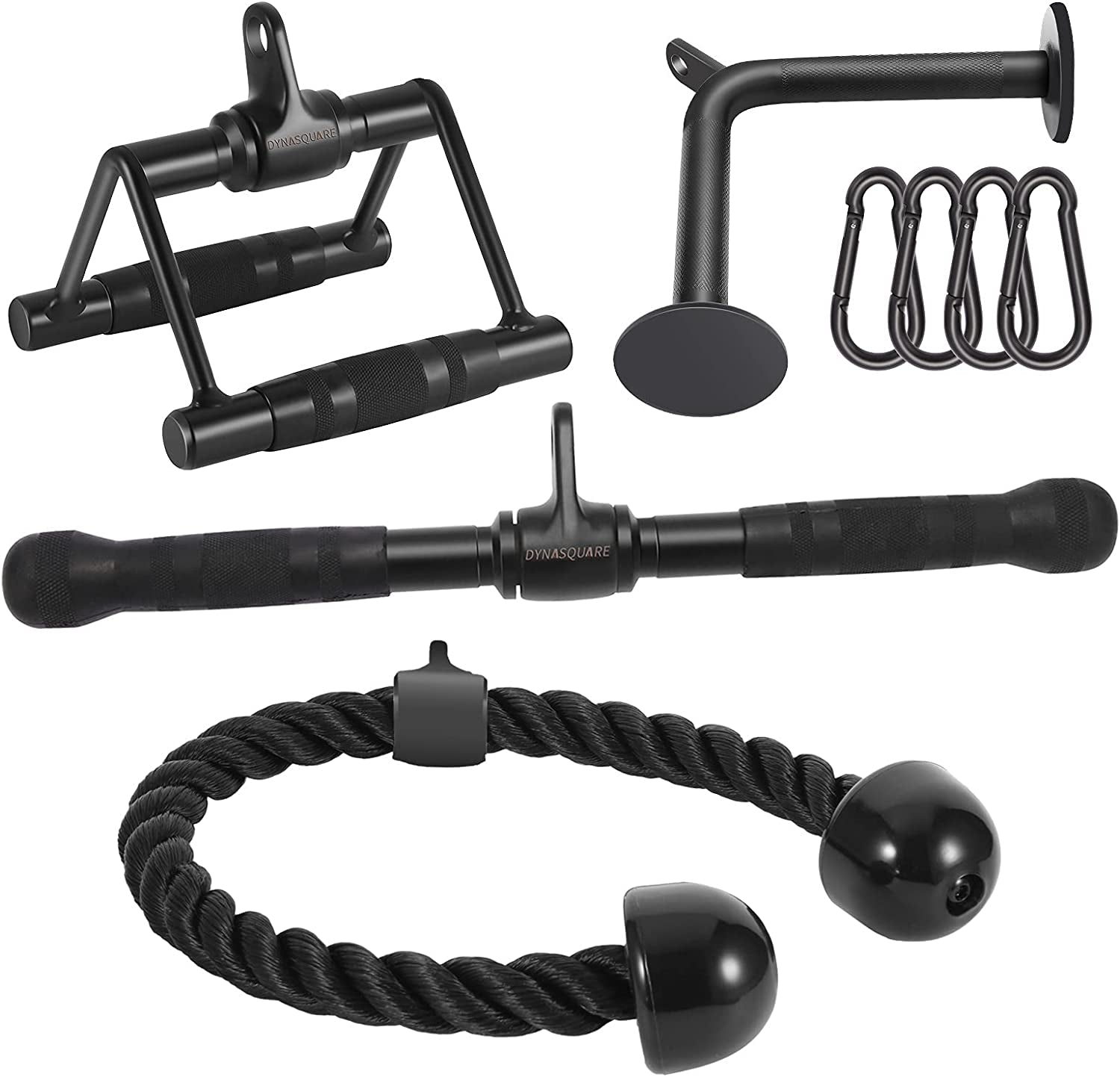 DYNASQUARE Pro Cable Attachments for Home Gym, LAT Pulldown Equipment, Weight Machine Accessories, Straight Pull down Bar, V-Shaped Press down Bar, Tricep Rope, Exercise & Double D Handle