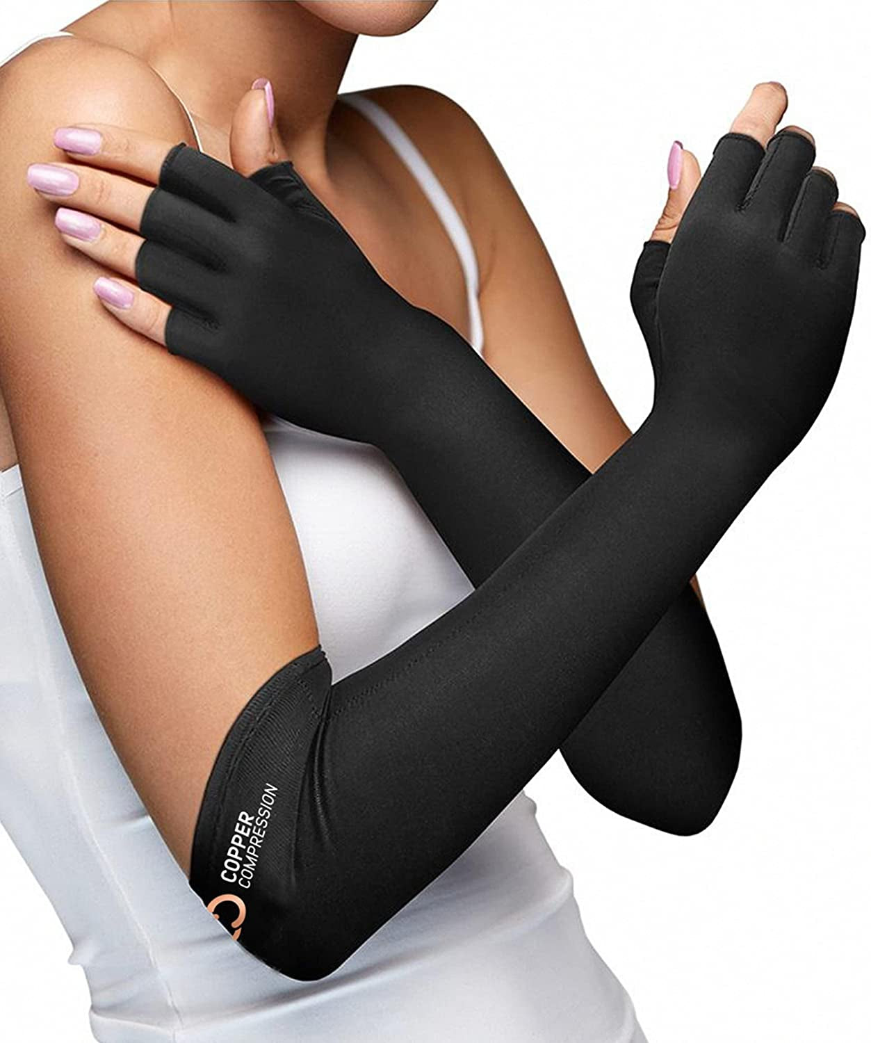 Copper Compression Long Arthritis Gloves - Copper Infused Extra Long Fit Glove for Women & Men. Best for Carpal Tunnel, Computer Typing, RSI, Support Hands, Wrist and Arms - 1 PAIR