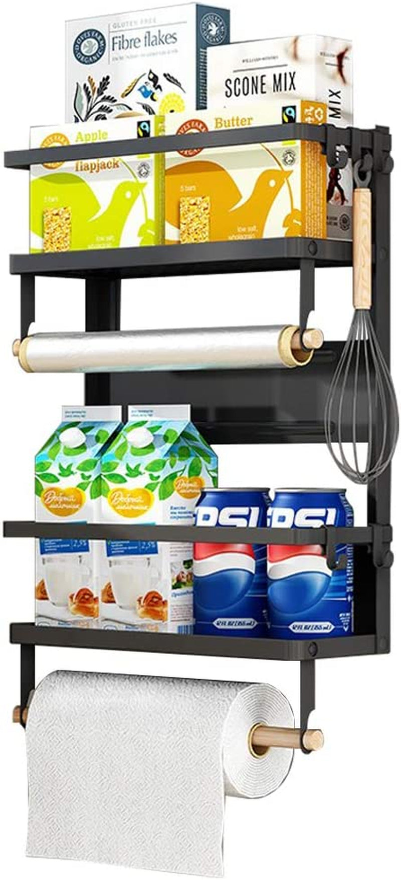 Fridge Spice Rack,Magnetic Storage Shelf with Paper Towel Holder Kitchen Refrigerator Organizer Rack(White)