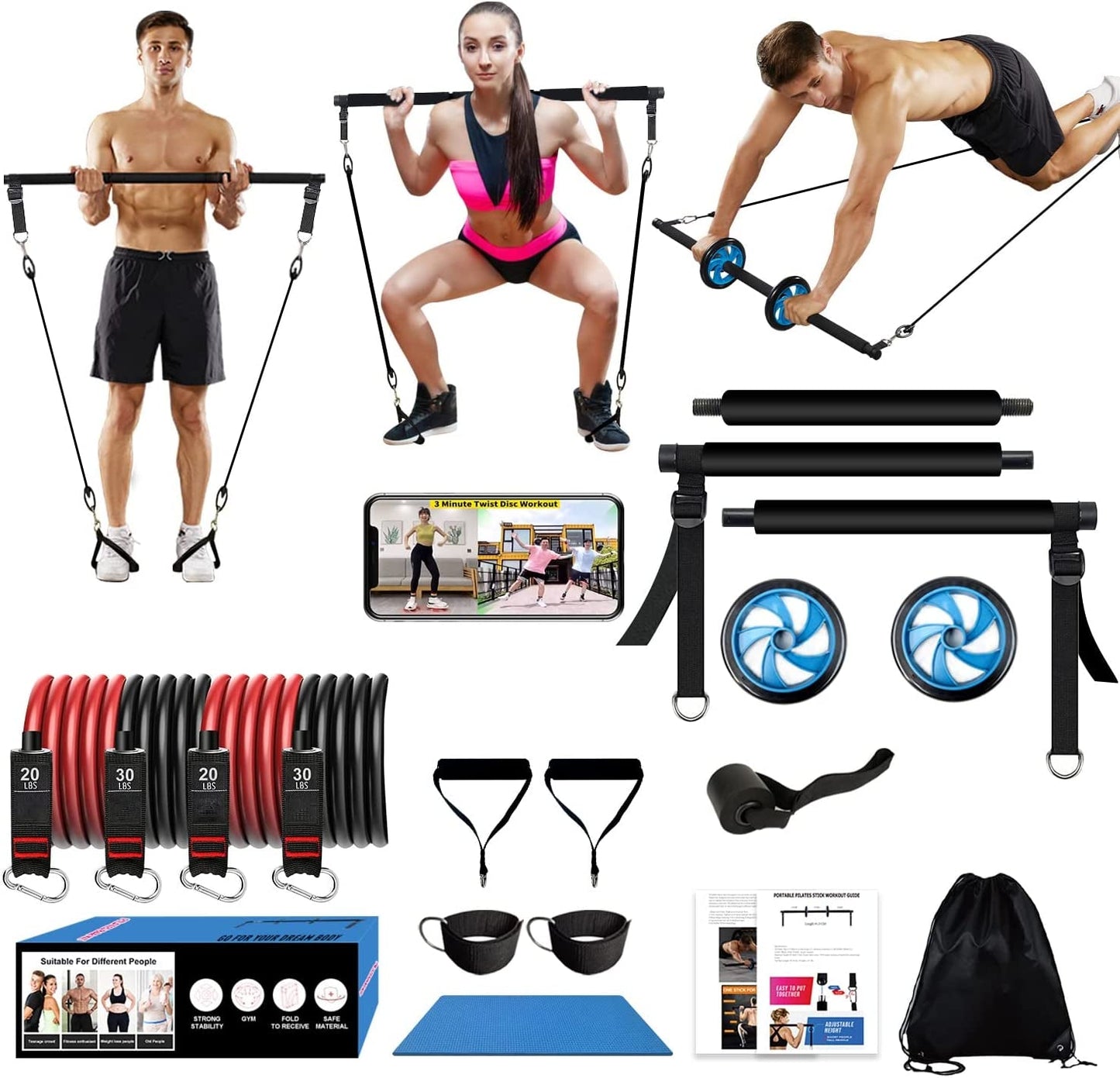 HOTWAVE Pilates Bar Kit with 15 Gym Accessories for Portable Home Gym Workout. Resistance Bands with Ab Wheel Roller.Full Body Exercises for Men and Women.
