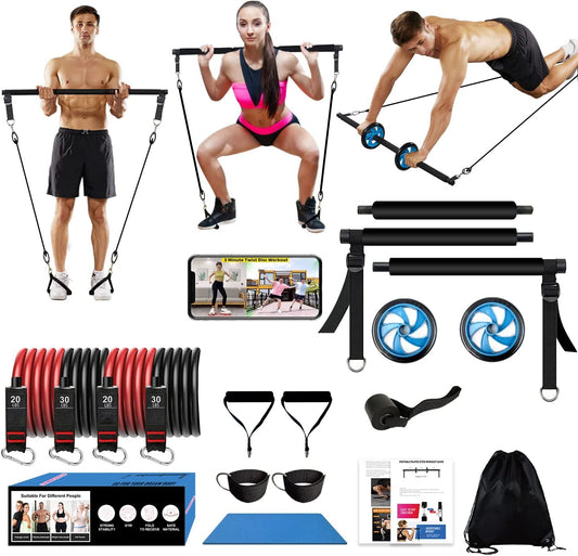 HOTWAVE Pilates Bar Kit with 15 Gym Accessories for Portable Home Gym Workout. Resistance Bands with Ab Wheel Roller.Full Body Exercises for Men and Women.