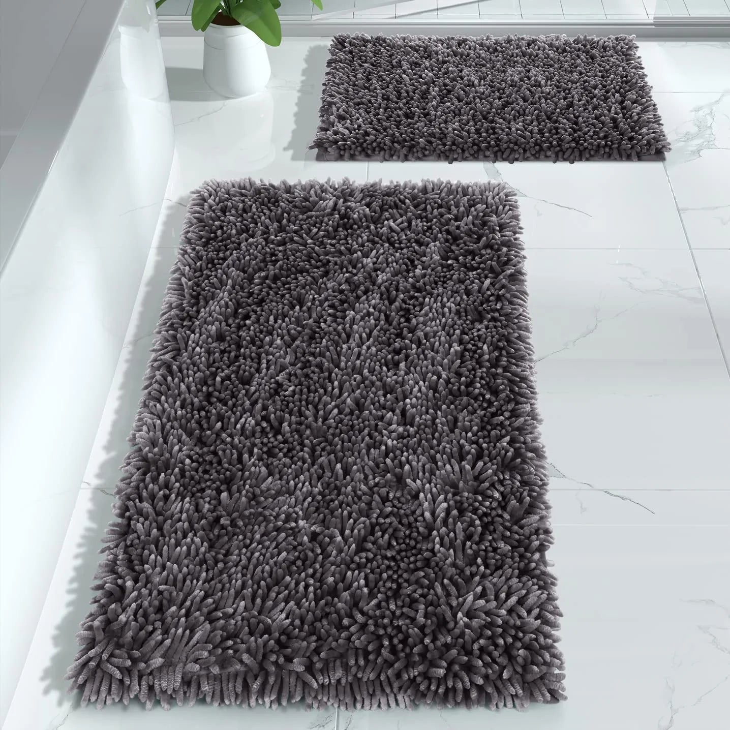 Yimobra Bathroom Rugs Sets 2 Piece, Luxury Shaggy Extra Thick Bathroom Rugs, Plush Non-Slip Mats for Bath Room Floor, Machine Wash, Ultra Absorbent, 31.5 X 19.8 + 24 X 17 Inches, Light Grey