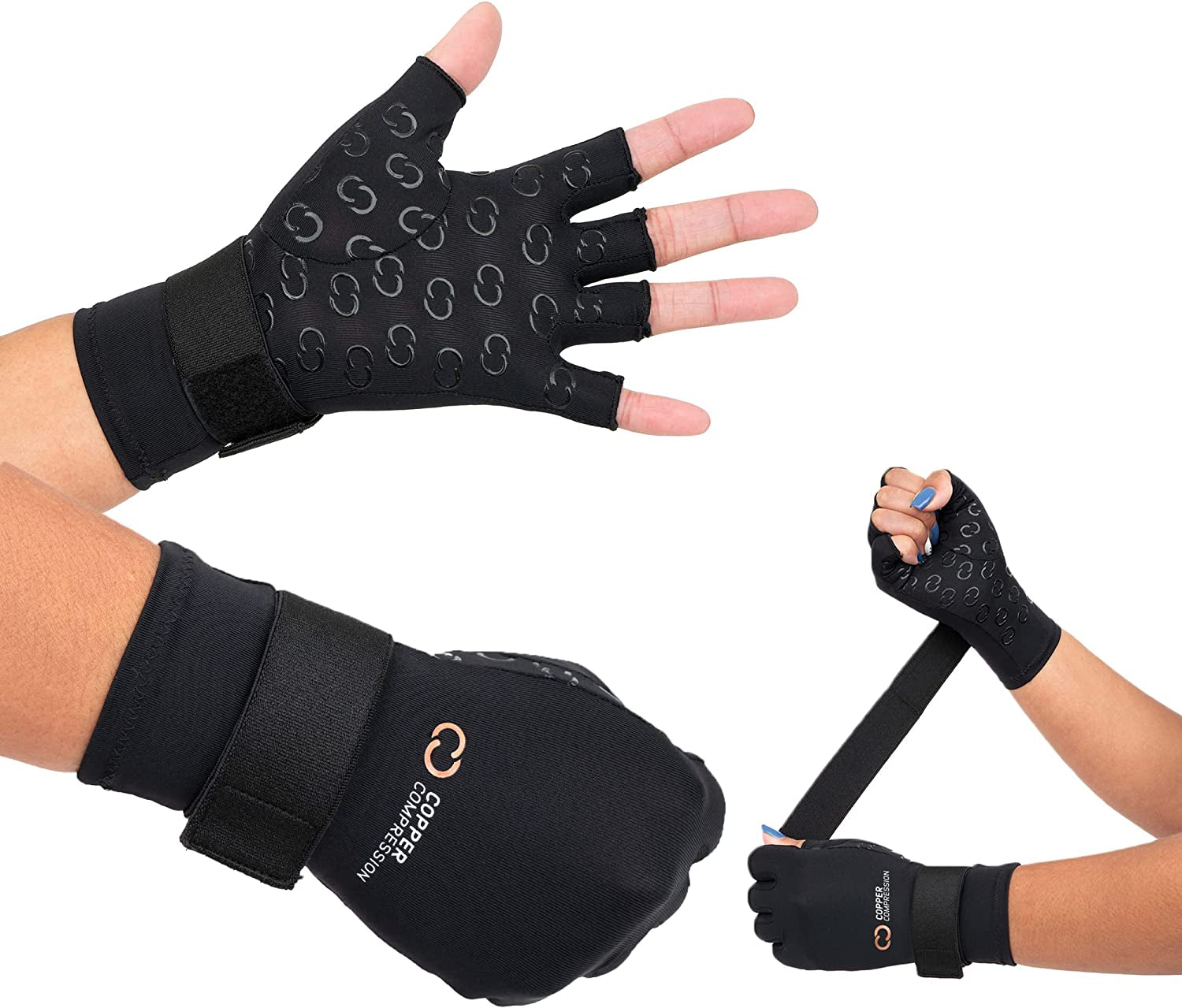 Fingerless Arthritis Compression Gloves for Hand Pain Relief - Adjustable - Copper Infused - Reduce Pain, Increase Blood Flow, Aid Recovery, Fitness - for Women and Men (Small/Medium)