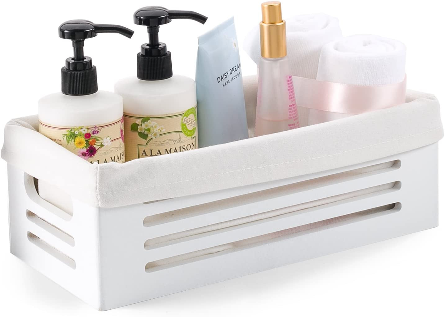 Wooden Storage Bin Container - Decorative Closet, Cabinet and Shelf Basket Organizer Lined with Machine Washable Soft Linen Fabric - White, Small
