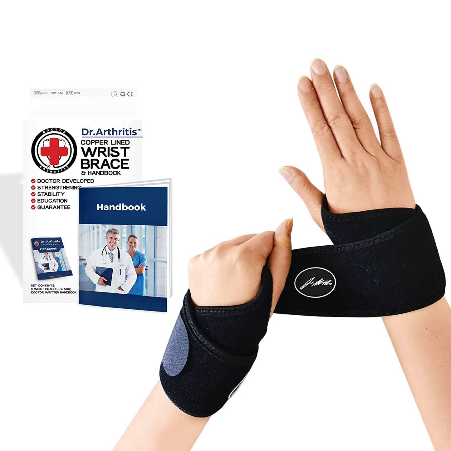 Doctor Developed Copper Wrist Brace/Carpal Tunnel/Wrist Support/Wrist Splint/Hand Brace -F.D.A. Medical Device & Doctor Handbook-Night Support for Women Men-Right & Left Hands (Single)