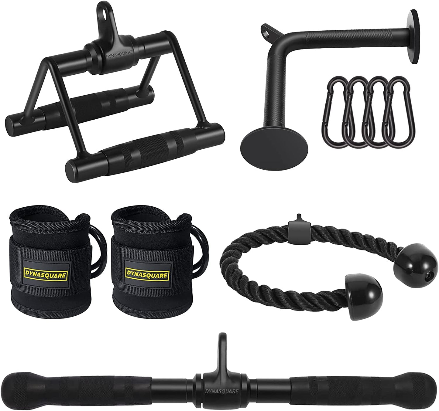 DYNASQUARE Pro Cable Attachments for Home Gym, LAT Pulldown Equipment, Weight Machine Accessories, Straight Pull down Bar, V-Shaped Press down Bar, Tricep Rope, Exercise & Double D Handle
