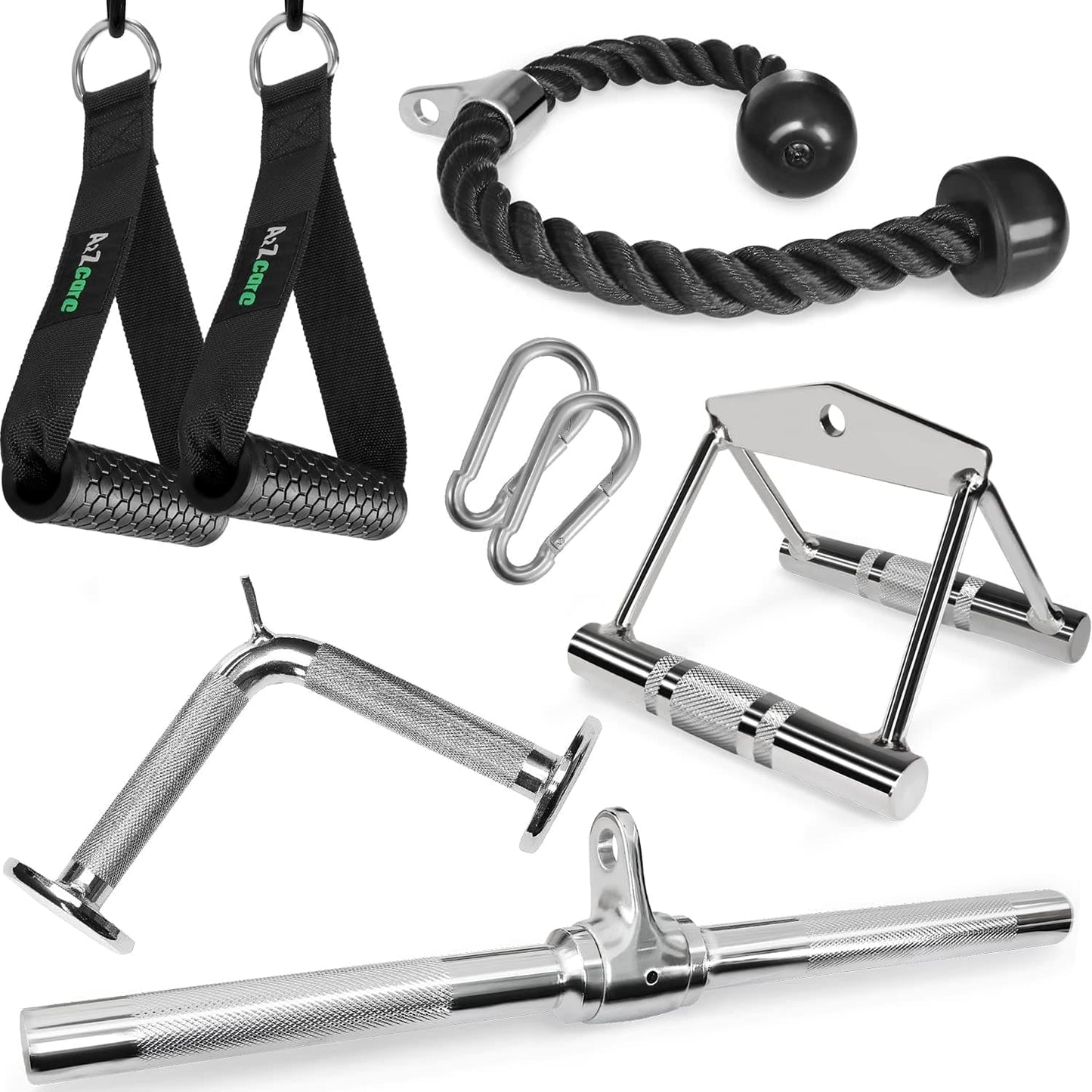 A2ZCARE Combo LAT Pull down Attachment - Cable Machine Accessories for Home Gym with Multi Option: V-Handle, Tricep Rope, D-Handle, V-Shaped Bar, and Rotating Bar