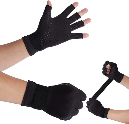 Copper Compression Arthritis Gloves with Strap, Best Copper Infused Glove for Women and Men, Fingerless Glove Hand Wrist Support for Carpal Tunnel, Arthritis, RSI, Tendonitis, 1 Pair, Black (S)