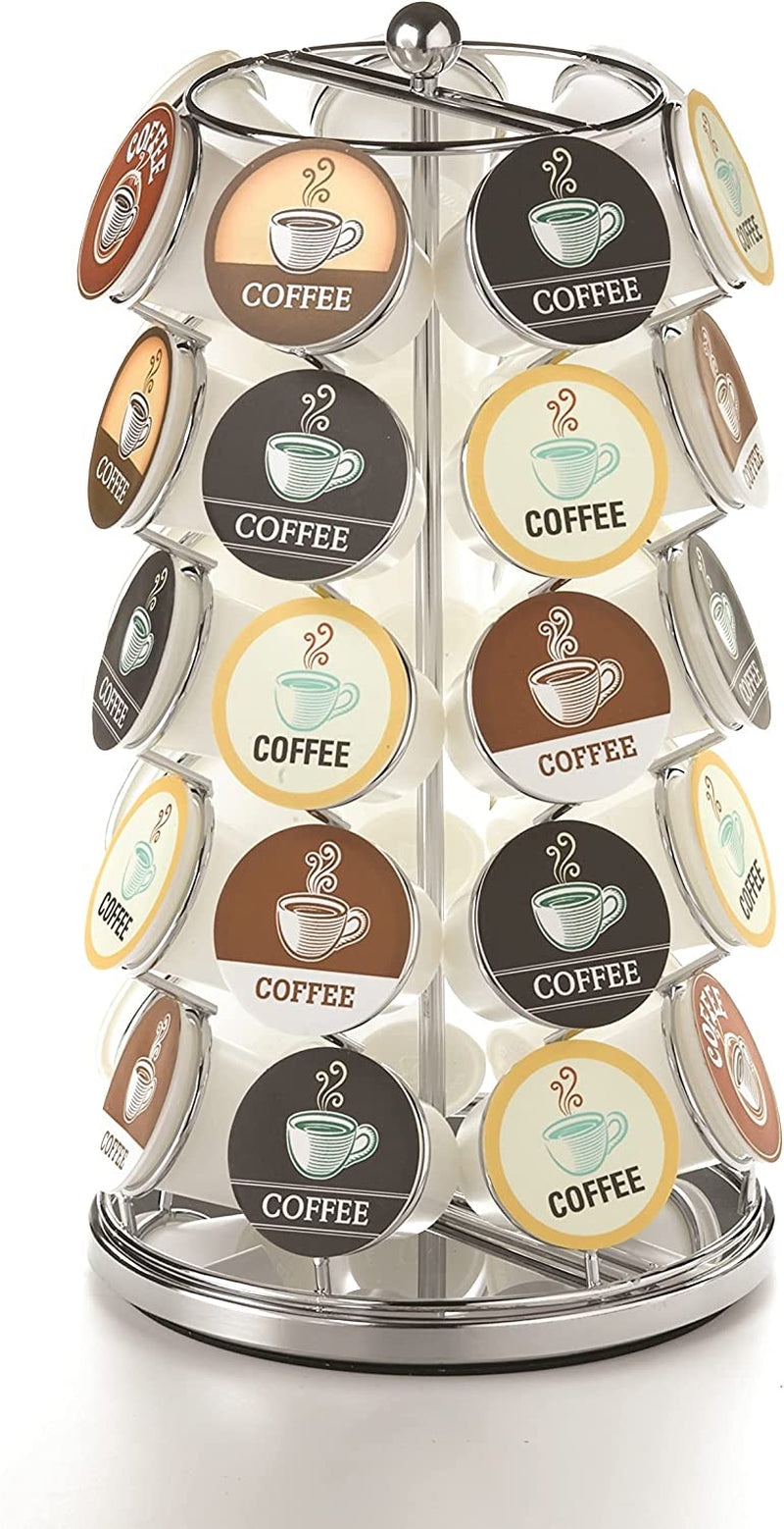 Nifty Coffee Pod Carousel – Compatible with K-Cups, 28 Pod Pack Storage, Spins 360-Degrees, Lazy Susan Platform, Modern Chrome Design, Home or Office Kitchen Counter Organizer