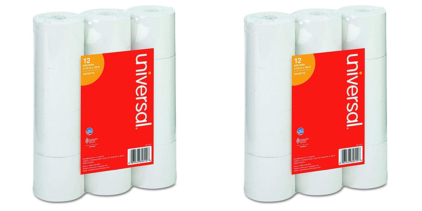 Adding Machine/Calculator Roll, 2-1/4"X150 Ft White 12/Pack, UNV35715-2 Pack