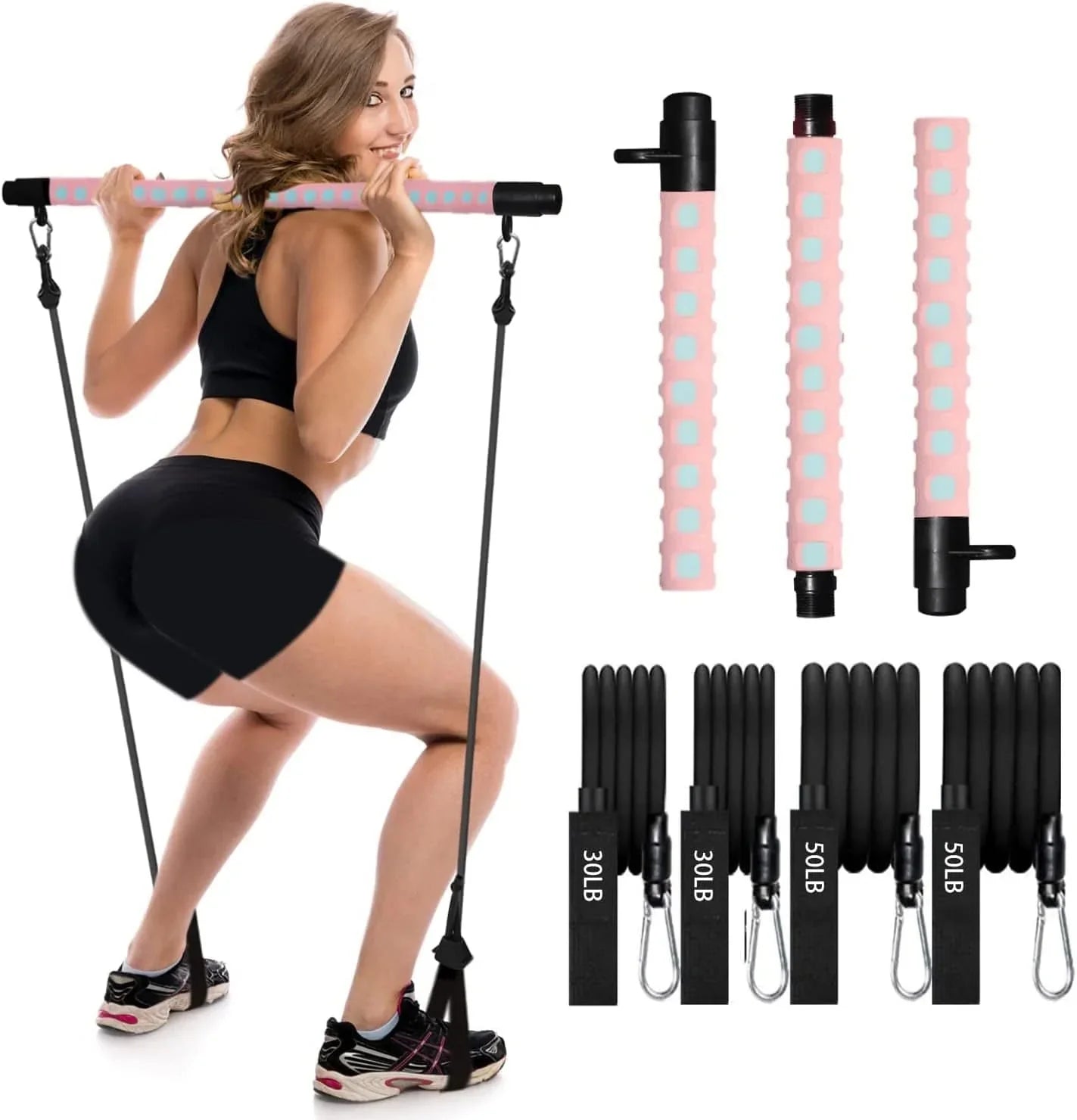 Adjustable Pilates Bar Kit with 4 Resistance Bands, Portable Pilates Bar Stick for Home Workout, Adjustable Pilate Bar for Gym Fitness