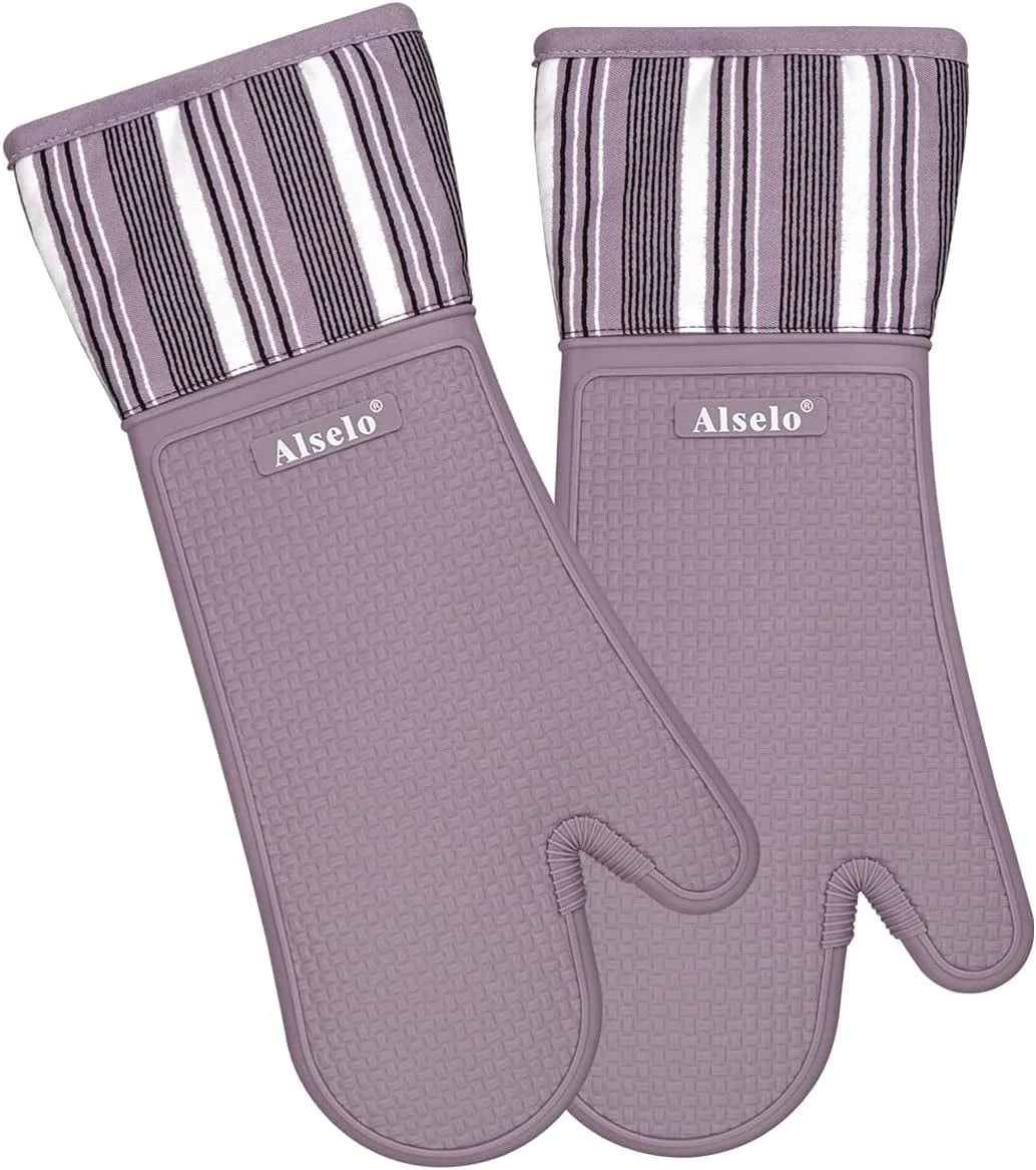 Alselo Oven Mitts Heat Resistant Silicone Kitchen Gloves for 550 Degrees with Waterproof and Non-Silp, Set of 2 Oven Gloves for Baking Cooking Barbecue Microwave Machine Washable (Blue, 2)