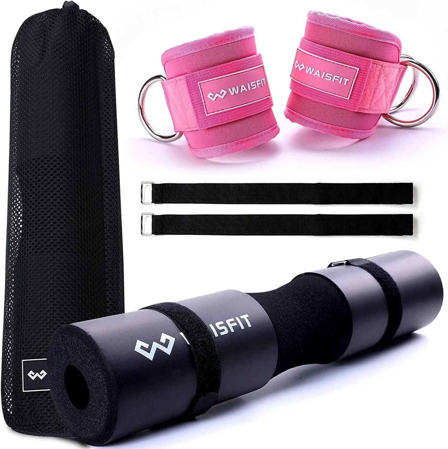 Athletics Squat Barbell Pad for Woman & Pair of Ankle Straps for Cable Machines,Hip Thruster Foam Squat Bar Neck Pad & 2 Pink Leg Kickback Straps Gym Bundle Pink