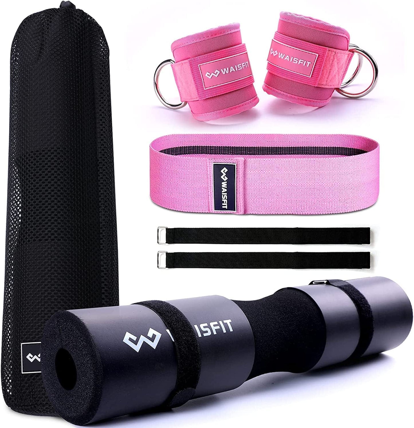Athletics Squat Barbell Pad for Woman & Pair of Ankle Straps for Cable Machines,Hip Thruster Foam Squat Bar Neck Pad & 2 Pink Leg Kickback Straps Gym Bundle Pink