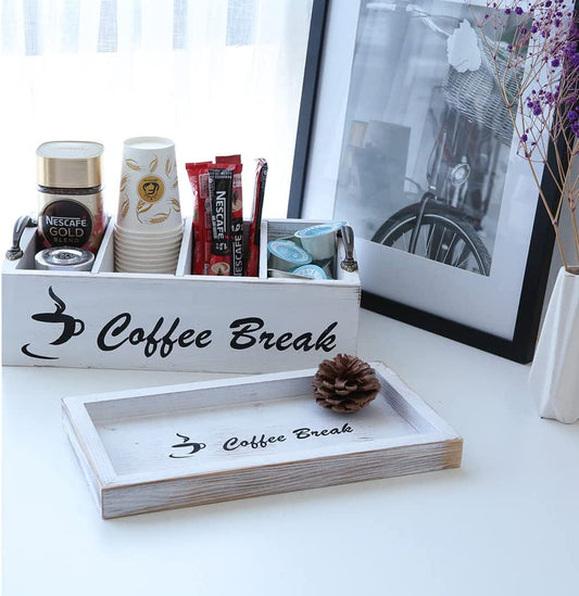 Wooden Coffee Station Organizer Set, Adjustable Coffee Accessories Caddy for Countertop, Kcup Coffee Pod Holder Storage Basket with Cup Serving Tray for Coffee Bar Decor (White)