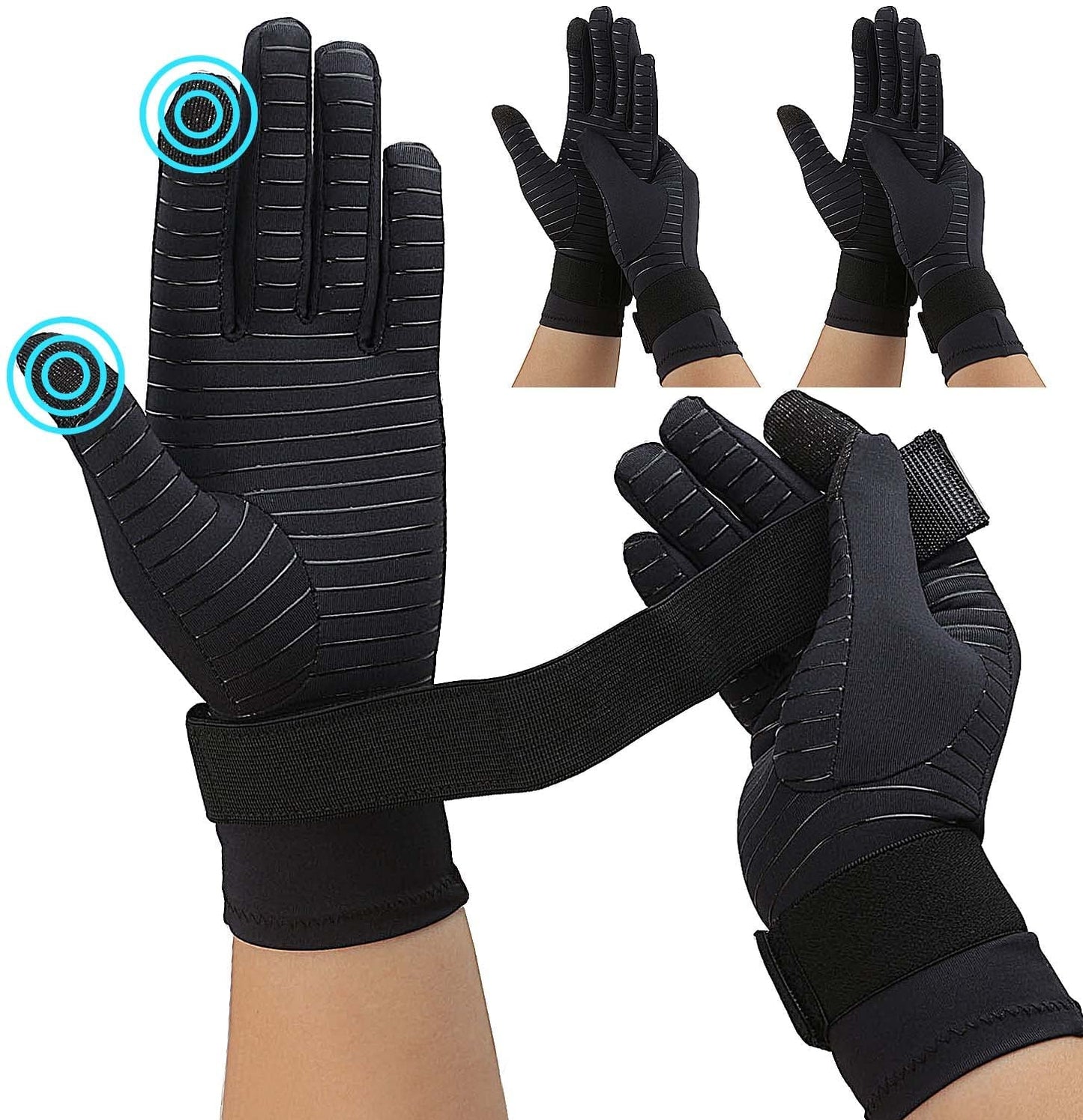 Happymart 2 Pairs Full Finger Copper Compression Arthritis Gloves for Women Men with Wrist Strap, Carpal Tunnel, Hand Pain Relief Touchscreen Tips (Large / X-Large (2 Pairs)), Black