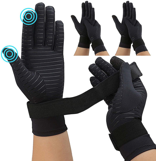 Happymart 2 Pairs Full Finger Copper Compression Arthritis Gloves for Women Men with Wrist Strap, Carpal Tunnel, Hand Pain Relief Touchscreen Tips (Large / X-Large (2 Pairs)), Black