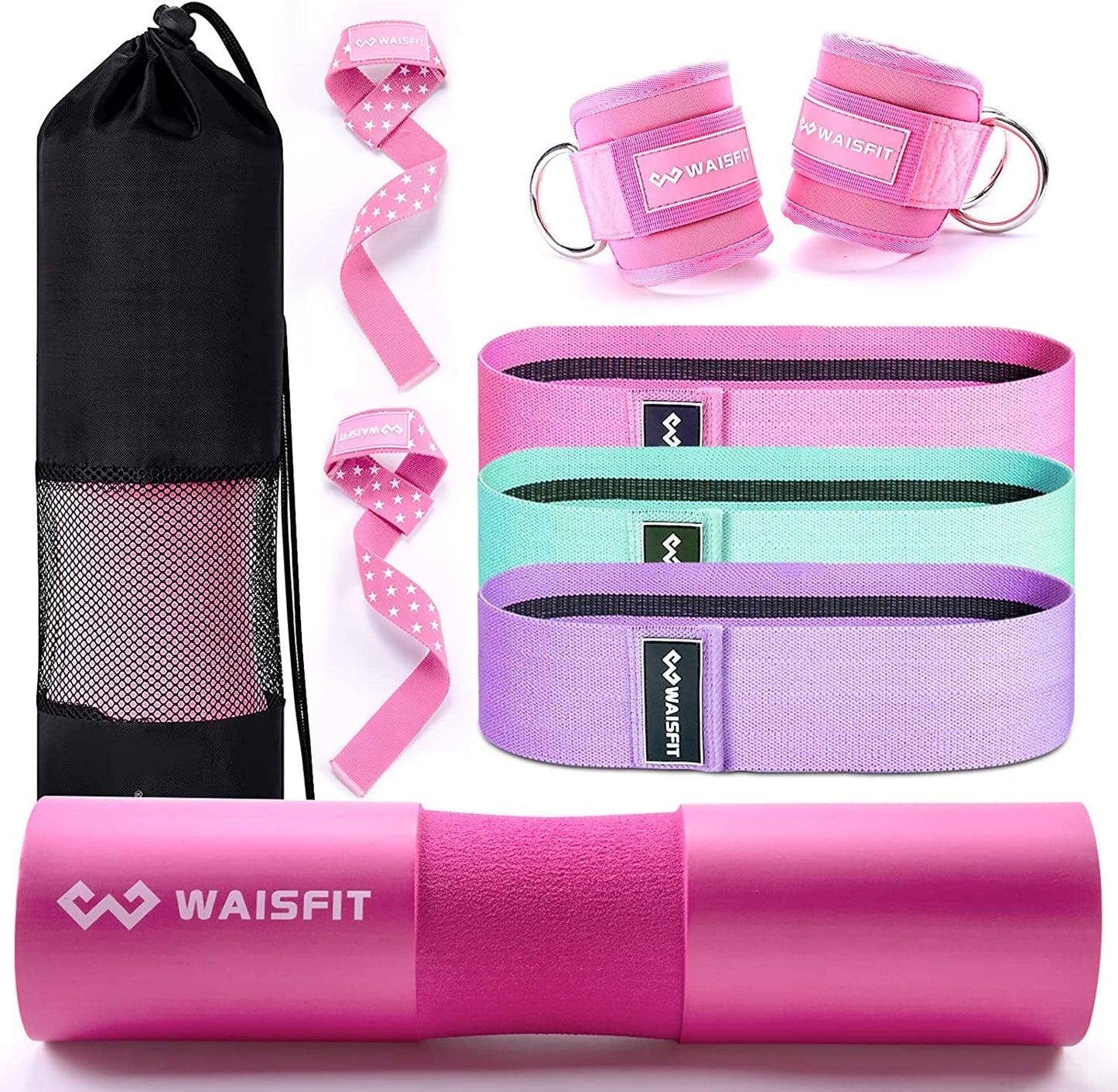 Athletics Squat Barbell Pad for Woman & Pair of Ankle Straps for Cable Machines,Hip Thruster Foam Squat Bar Neck Pad & 2 Pink Leg Kickback Straps Gym Bundle Pink