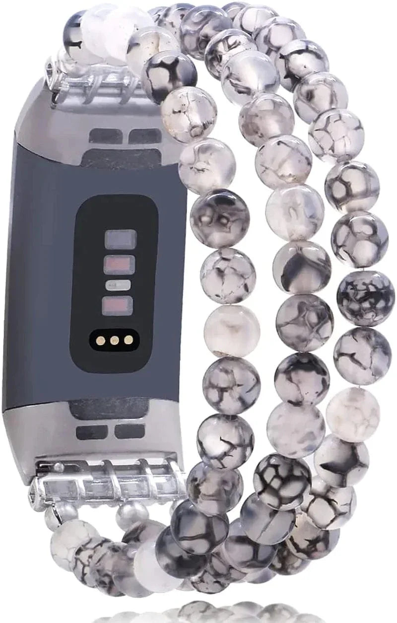 C&L Accessories Compatible with Fitbit Charge 3 Charge 4 Bands, Handmade Feminine Stretch Natural Stone Beaded Adjustable Bracelet Band for Women Girls (Indian Agate)