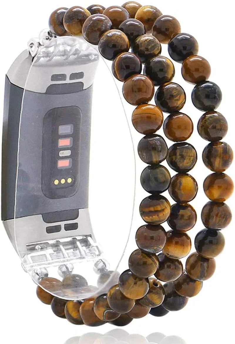 C&L Accessories Compatible with Fitbit Charge 3 Charge 4 Bands, Handmade Feminine Stretch Natural Stone Beaded Adjustable Bracelet Band for Women Girls (Indian Agate)
