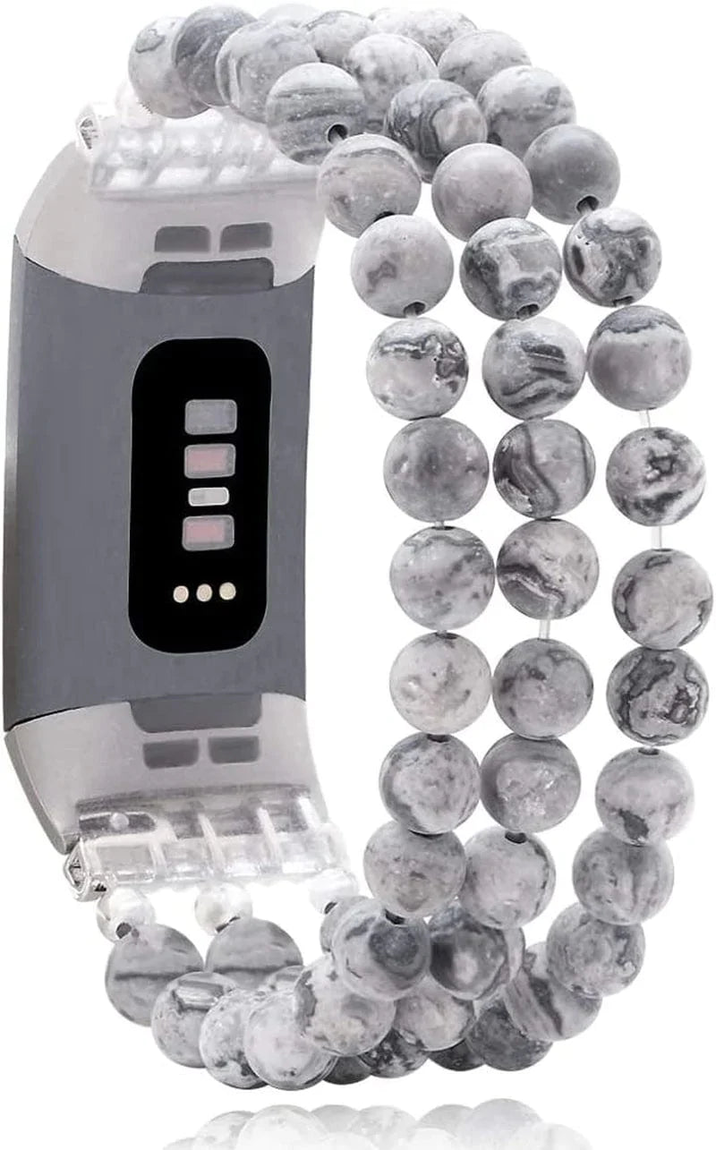 C&L Accessories Compatible with Fitbit Charge 3 Charge 4 Bands, Handmade Feminine Stretch Natural Stone Beaded Adjustable Bracelet Band for Women Girls (Indian Agate)