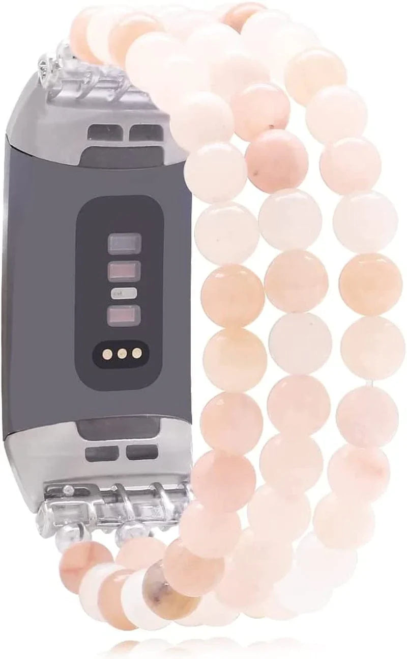 C&L Accessories Compatible with Fitbit Charge 3 Charge 4 Bands, Handmade Feminine Stretch Natural Stone Beaded Adjustable Bracelet Band for Women Girls (Indian Agate)