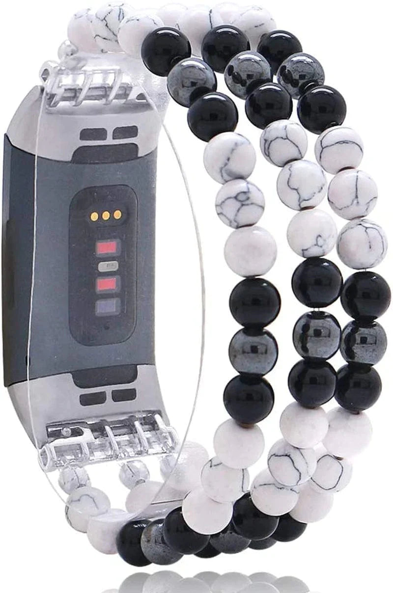 C&L Accessories Compatible with Fitbit Charge 3 Charge 4 Bands, Handmade Feminine Stretch Natural Stone Beaded Adjustable Bracelet Band for Women Girls (Indian Agate)