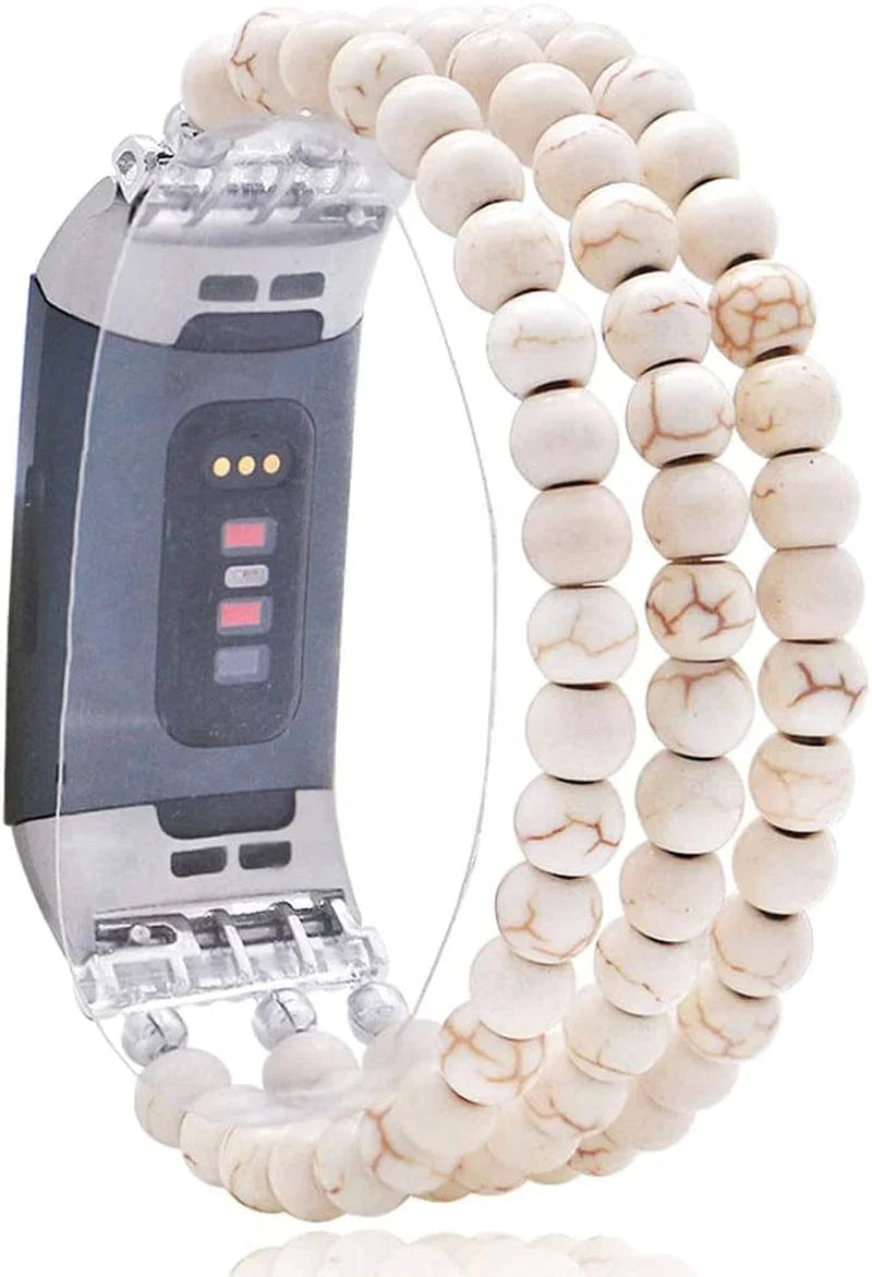 C&L Accessories Compatible with Fitbit Charge 3 Charge 4 Bands, Handmade Feminine Stretch Natural Stone Beaded Adjustable Bracelet Band for Women Girls (Indian Agate)