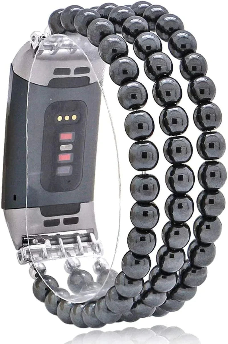 C&L Accessories Compatible with Fitbit Charge 3 Charge 4 Bands, Handmade Feminine Stretch Natural Stone Beaded Adjustable Bracelet Band for Women Girls (Indian Agate)