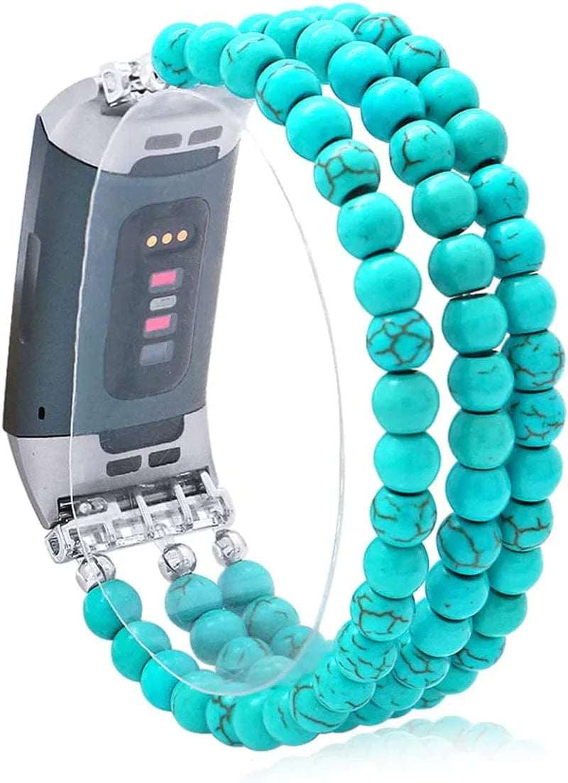 C&L Accessories Compatible with Fitbit Charge 3 Charge 4 Bands, Handmade Feminine Stretch Natural Stone Beaded Adjustable Bracelet Band for Women Girls (Indian Agate)