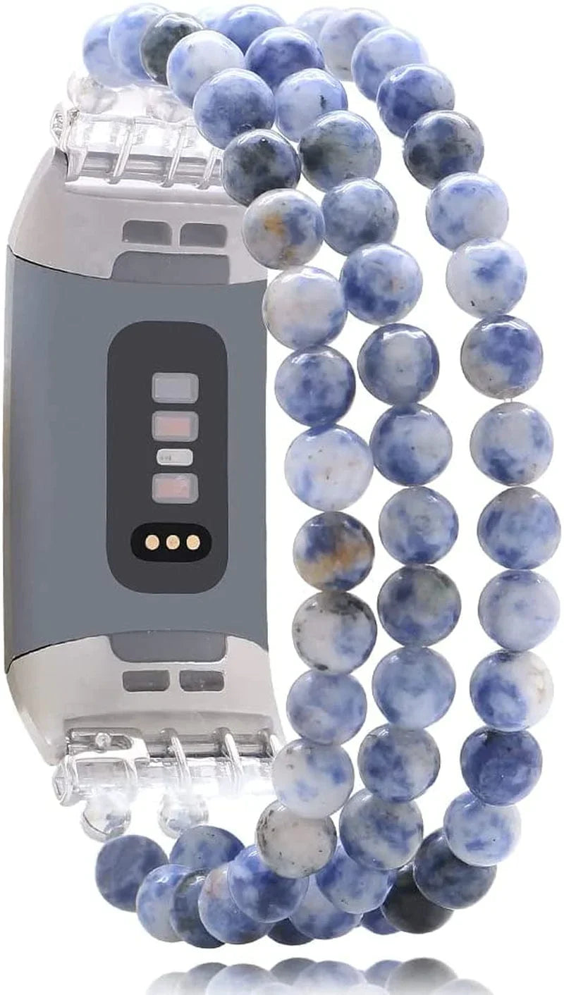 C&L Accessories Compatible with Fitbit Charge 3 Charge 4 Bands, Handmade Feminine Stretch Natural Stone Beaded Adjustable Bracelet Band for Women Girls (Indian Agate)