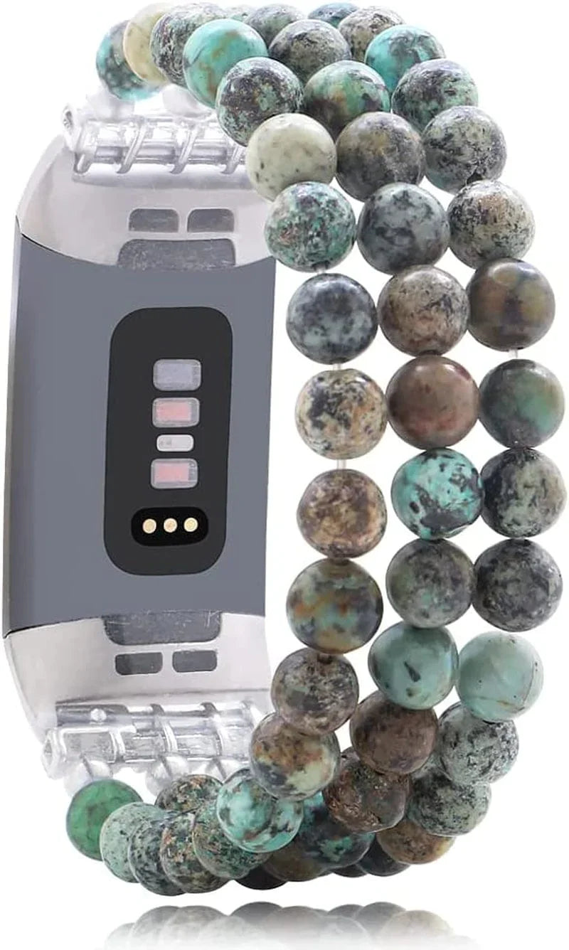 C&L Accessories Compatible with Fitbit Charge 3 Charge 4 Bands, Handmade Feminine Stretch Natural Stone Beaded Adjustable Bracelet Band for Women Girls (Indian Agate)