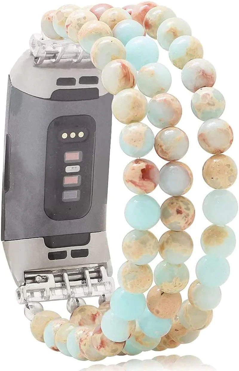 C&L Accessories Compatible with Fitbit Charge 3 Charge 4 Bands, Handmade Feminine Stretch Natural Stone Beaded Adjustable Bracelet Band for Women Girls (Indian Agate)