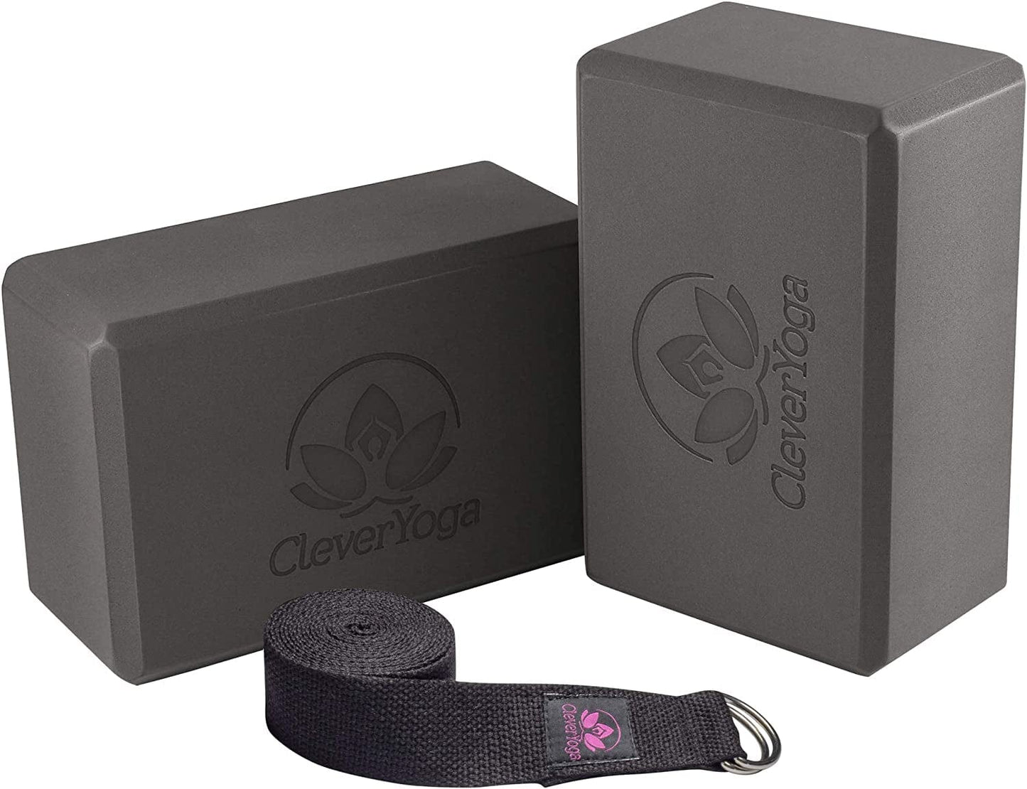 Clever Yoga Blocks and Strap Set 2 Pack Yoga Blocks Light Weight High Density Foam 9X6X4 Inches and 8FT Thick Cotton Yoga Strap for Beginners and All Yogis Supports All Poses, Flexibility and Posture