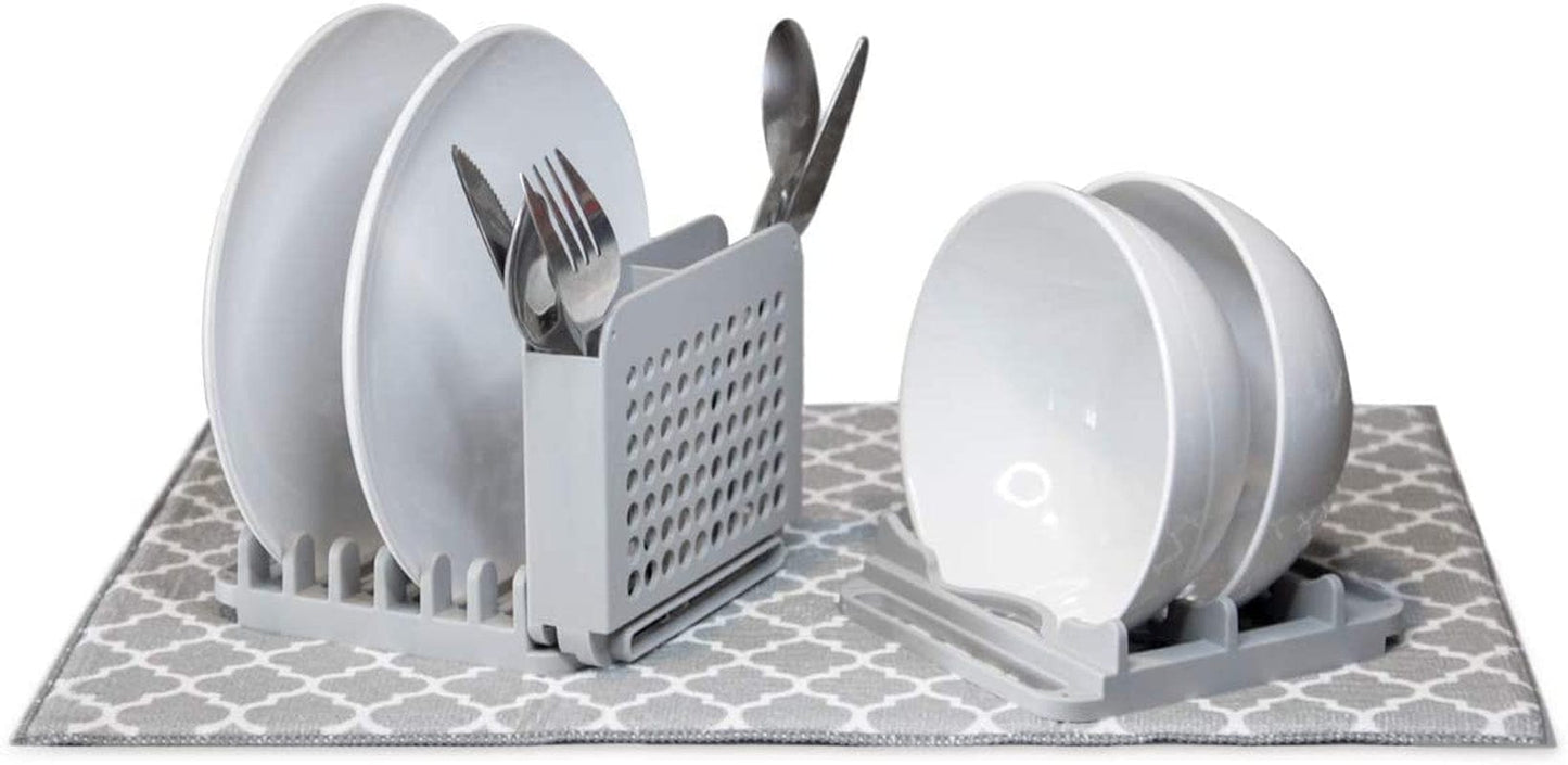 Compact Collapsible Dish Drying Rack and Ultra Absorbent Microfiber Mat. Drain and Air Dry 5 Plates, 2 Bowls and Silverware without Dripping on Counters or Taking up Lots of Space (Lavender)