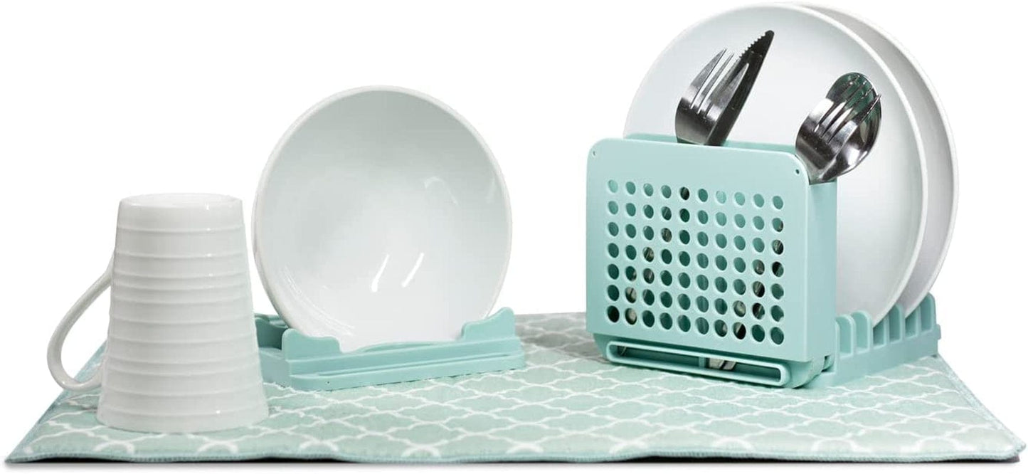 Compact Collapsible Dish Drying Rack and Ultra Absorbent Microfiber Mat. Drain and Air Dry 5 Plates, 2 Bowls and Silverware without Dripping on Counters or Taking up Lots of Space (Lavender)