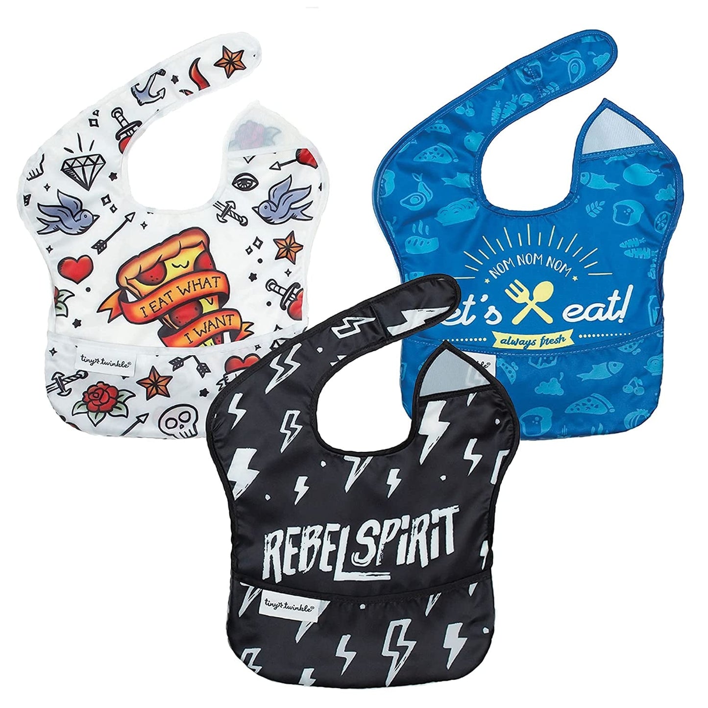 Tiny Twinkle Mess-Proof Baby Bib - Waterproof Bib for Baby Boy or Girl - Machine Washable - Adjustable Closure - PVC, BPA, & Phthalate Free - Great for Travel - Baby Food Bibs (3 Pack, Slate Olive)