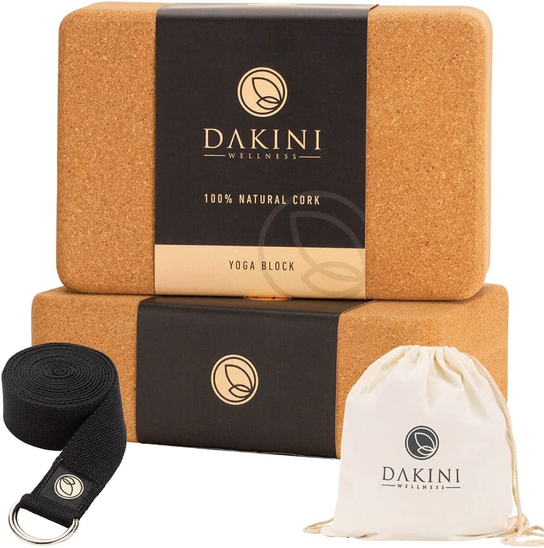 Dakini Wellness Cork Yoga Block 2 Pack with Yoga Strap Set 8 Feet - Non-Slip Yoga Blocks with Stretching Strap for Flexibility - 9X6X3 Inch - Yoga Props and Accessories