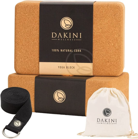 Dakini Wellness Cork Yoga Block 2 Pack with Yoga Strap Set 8 Feet - Non-Slip Yoga Blocks with Stretching Strap for Flexibility - 9X6X3 Inch - Yoga Props and Accessories
