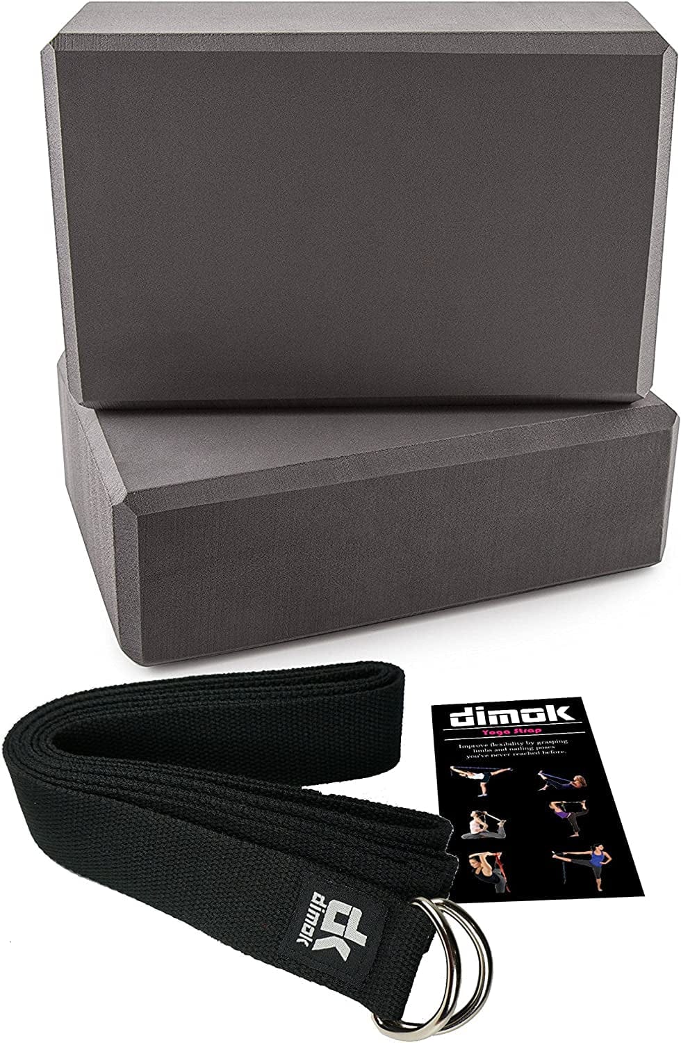 Dimok Yoga Blocks and Strap Set - Foam Bricks 9X6X4 and 8FT Yoga Belt Metal D-Ring - High Density Premium Quality