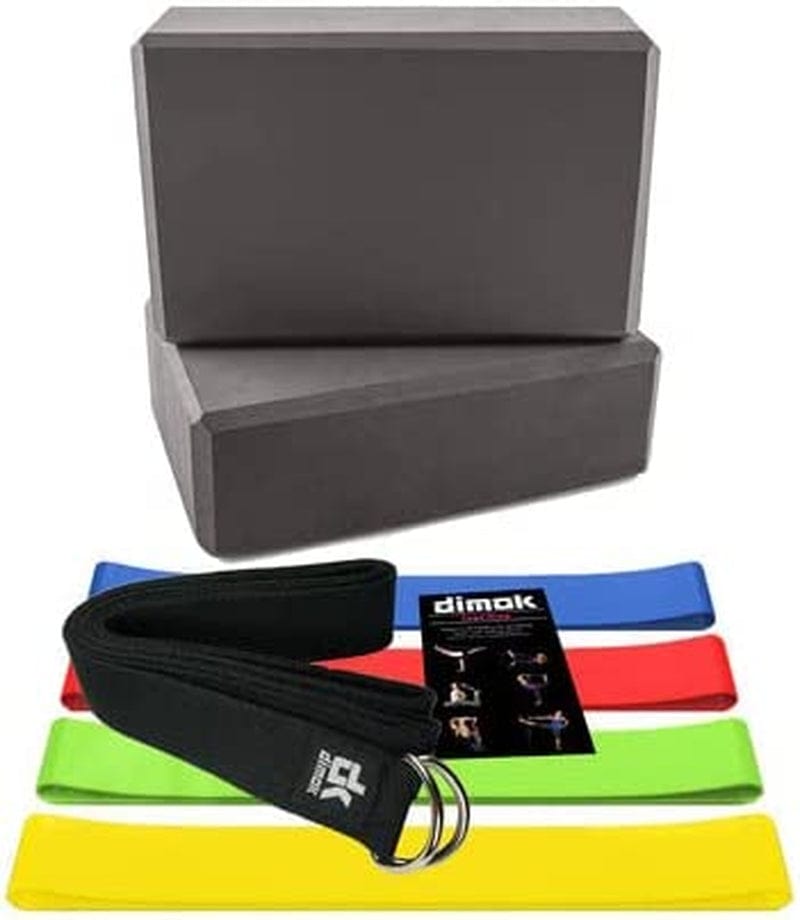 Dimok Yoga Blocks and Strap Set - Foam Bricks 9X6X4 and 8FT Yoga Belt Metal D-Ring - High Density Premium Quality