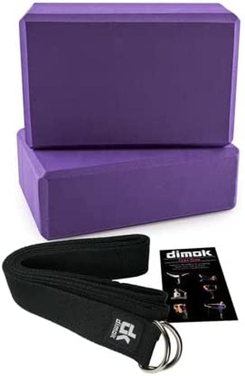 Dimok Yoga Blocks and Strap Set - Foam Bricks 9X6X4 and 8FT Yoga Belt Metal D-Ring - High Density Premium Quality