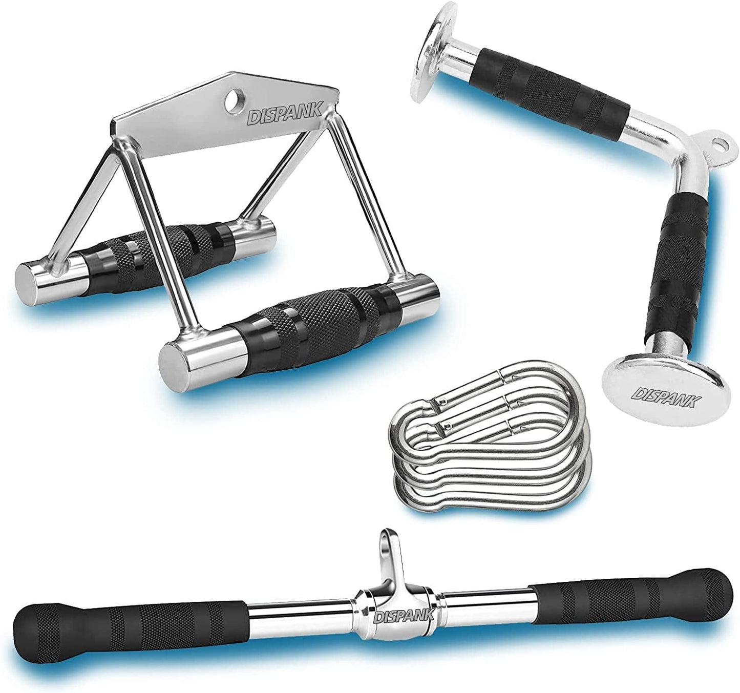 DISPANK Cable Machine Attachments Pull down Attachments Set, LAT Pull down Bar, Tricep Rope, V-Shaped Bar, Rotating Straight Bar and Double D Row Handle Rotating