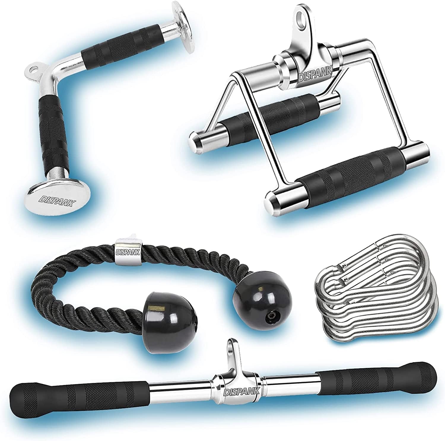 DISPANK Cable Machine Attachments Pull down Attachments Set, LAT Pull down Bar, Tricep Rope, V-Shaped Bar, Rotating Straight Bar and Double D Row Handle Rotating