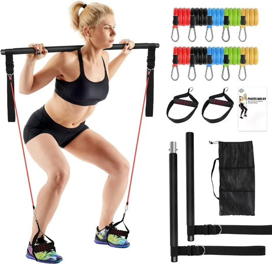 Drafitorts Pilates Bar Kit with Resistance Bands(10, 15, 20, 25, 30 LB), Adjustable 2 Section Portable Yoga Pilates Flexbands Kit for Full-Body Home Gym Workout with 2 Foot Straps and Bag