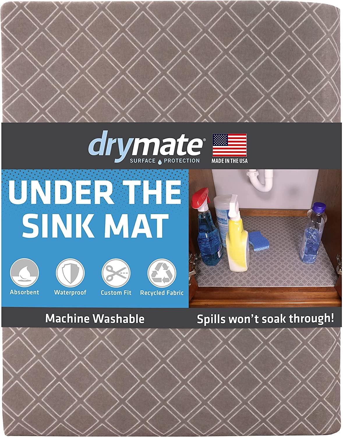 Drymate under Sink Mat, Waterproof Cabinet Protection Mats for Kitchen & Bathroom, Absorbent Shelf Liners, Slip-Resistant, Non-Adhesive, Machine Washable, Durable (USA Made)(24”X29”)(Charcoal)