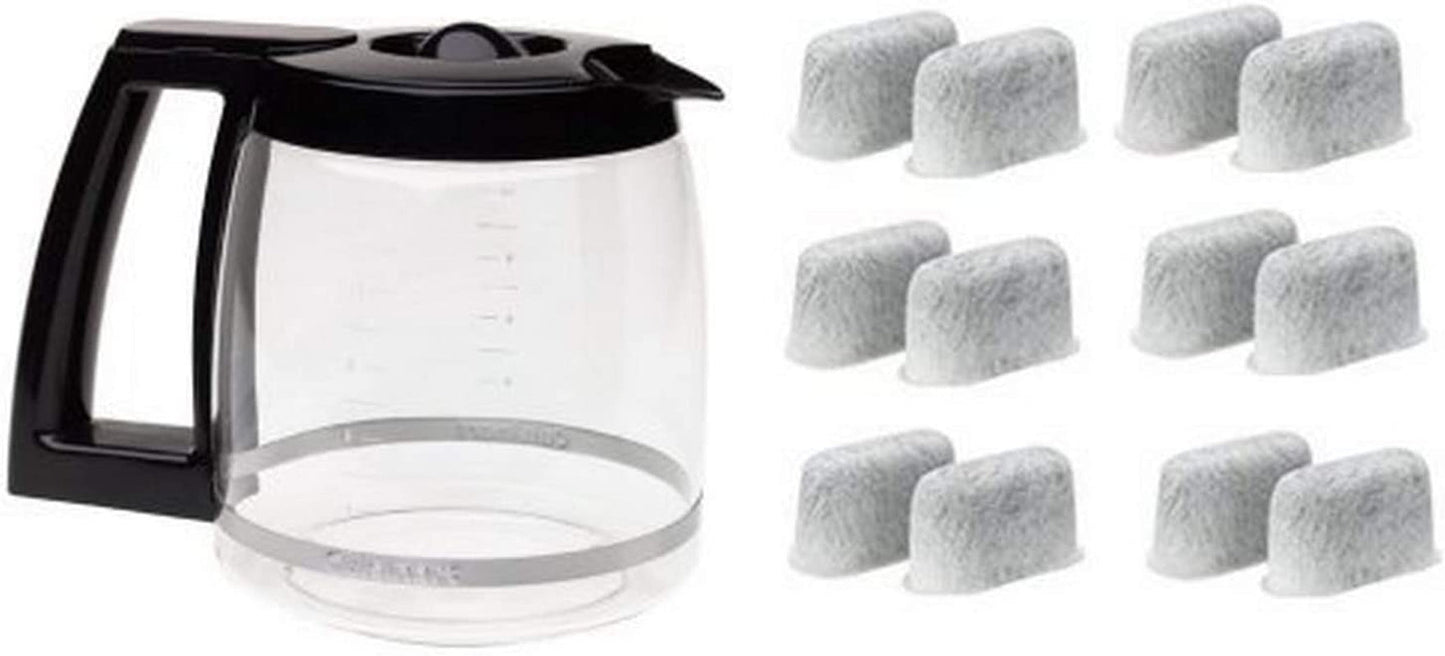 Cuisinart DCC-1200PRC 12-Cup Replacement Glass Carafe, Black and Everyday 12-Pack Replacement Charcoal Water Filters for Cuisinart Coffee Machines Bundle