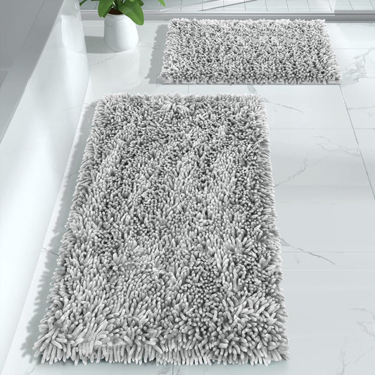 Yimobra Bathroom Rugs Sets 2 Piece, Luxury Shaggy Extra Thick Bathroom Rugs, Plush Non-Slip Mats for Bath Room Floor, Machine Wash, Ultra Absorbent, 31.5 X 19.8 + 24 X 17 Inches, Light Grey