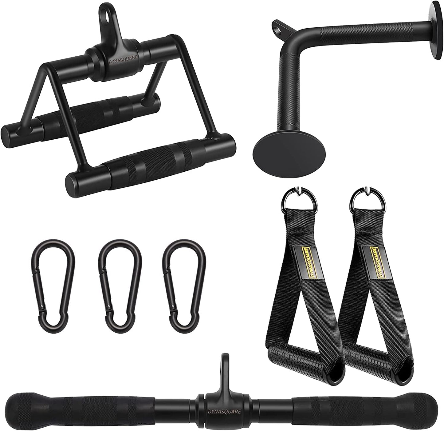 DYNASQUARE Pro Cable Attachments for Home Gym, LAT Pulldown Equipment, Weight Machine Accessories, Straight Pull down Bar, V-Shaped Press down Bar, Tricep Rope, Exercise & Double D Handle